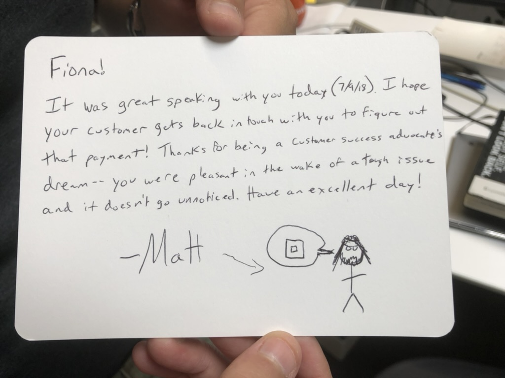 A handwritten customer note with a small drawing.