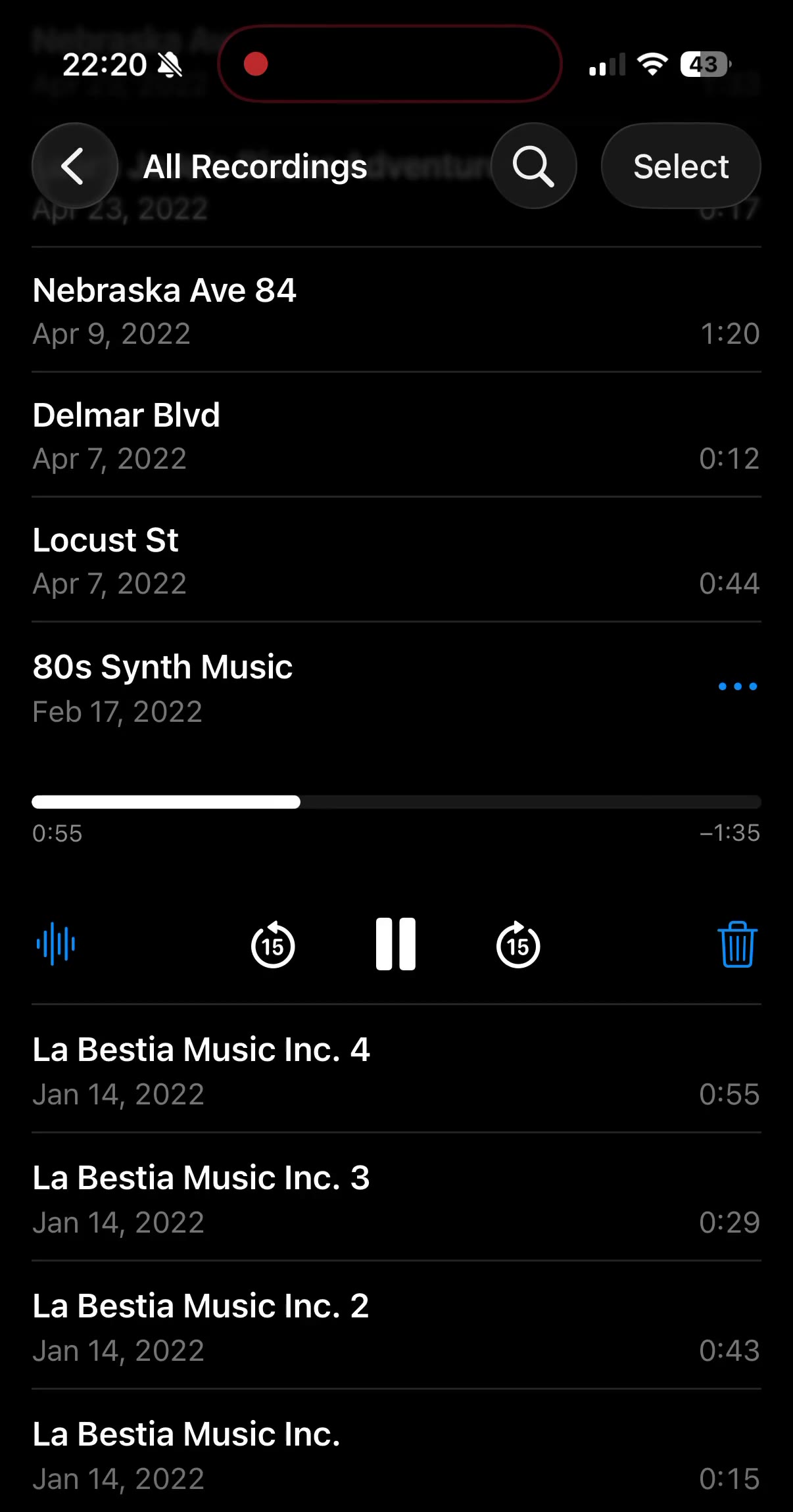 The Voice Memos app on a run of sketches: streets, one for 80s synth music.