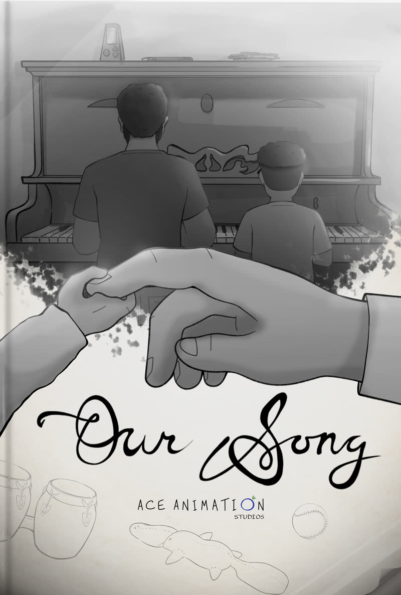 Our Song poster: a father and son seen from behind at an upright piano, above two hands reaching for each other, with the film's title hand-lettered below.